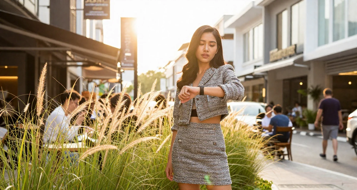 A soulful Female From Thailand, based in Phuket, graduated from a media academy majoring in tropical glamour production in their 28, learning to separate self-worth from subscriber numbers, wearing a cropped tweed jacket and a high-waisted mini skirt, glancing at a wristwatch in a busy coworking space.