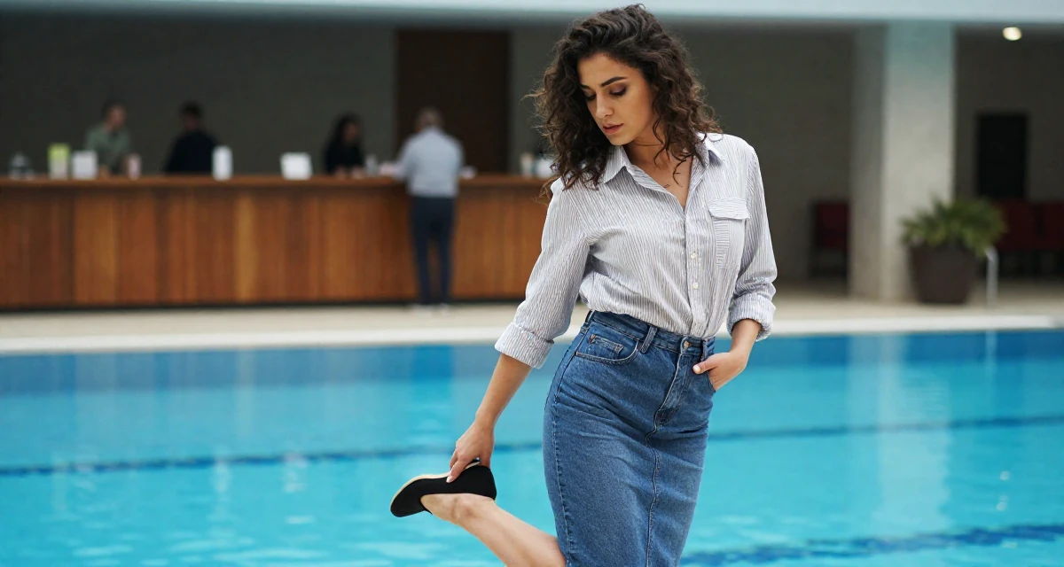 A cold and distant Female From Istanbul Türkiye, learned belly dance and expressive movement in their 23, managing early burnout from overcommitment, wearing a striped button-down shirt tucked into a denim pencil skirt, sliding a hand into a pocket in a swimming pool.