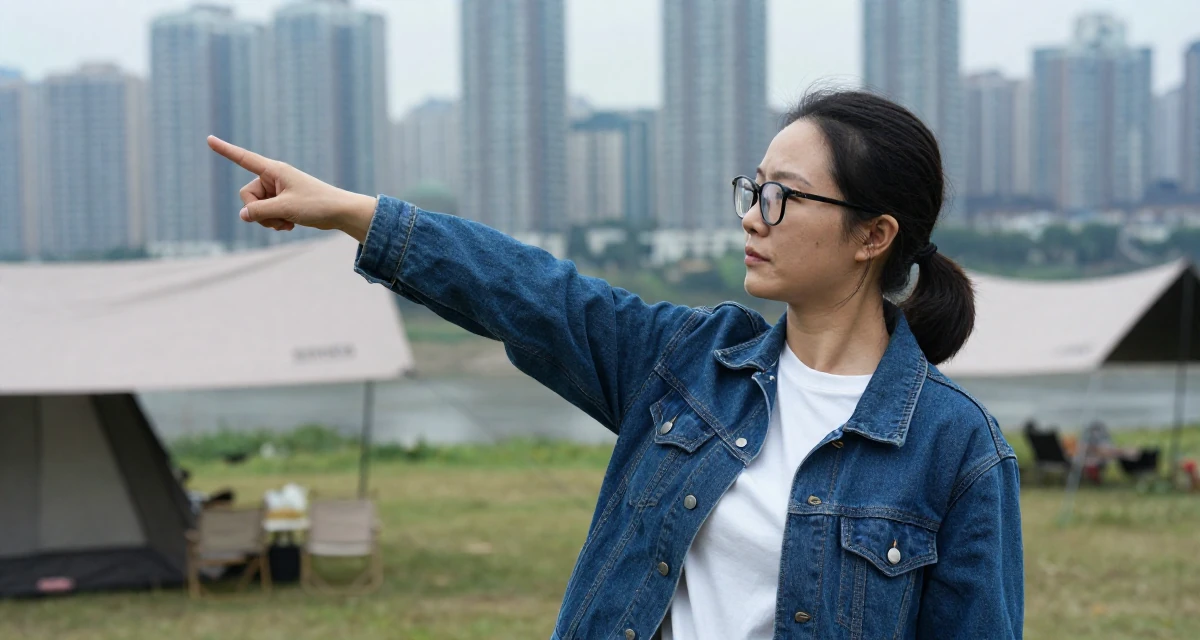 A nostalgic Female From Chongqing China, trained in yoga and body-movement expression in their 23, learning how to say “no” to requests outside comfort, wearing a classic denim jacket and white tee, pushing glasses up the nose in a camping site.