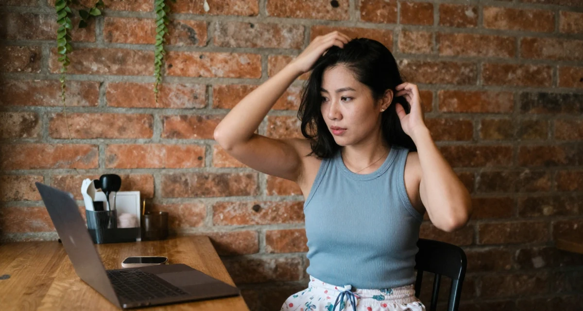 A sentimental Female From Johor Malaysia, learned portrait photography through freelance work in their 48, preparing for long-term financial planning, wearing a fitted racerback tank and pajama shorts, scratching a head lightly in a cozy café.