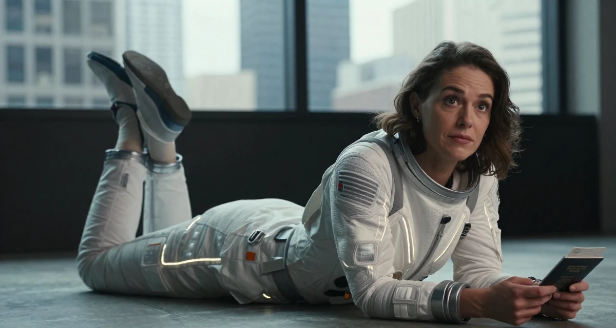 A thoughtful Female Born in New Zealand, studied creative media production in their 38, capturing cinematic moments of daily life, wearing a futuristic space pilot plugsuit with glowing lines, holding a passport or ticket in a basement studio.