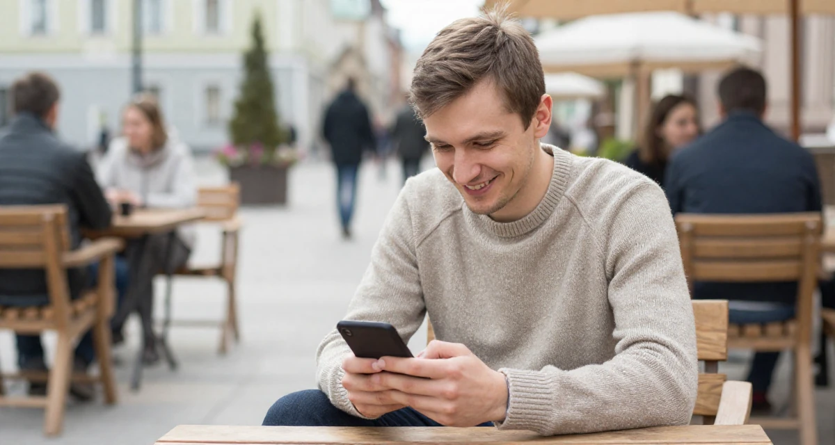A cheerful male From Russia, studied mathematics and cybernetics in their 20, experimenting with new social circles and hobbies, wearing a soft cashmere sweater look, scrolling casually in a pedestrian plaza.