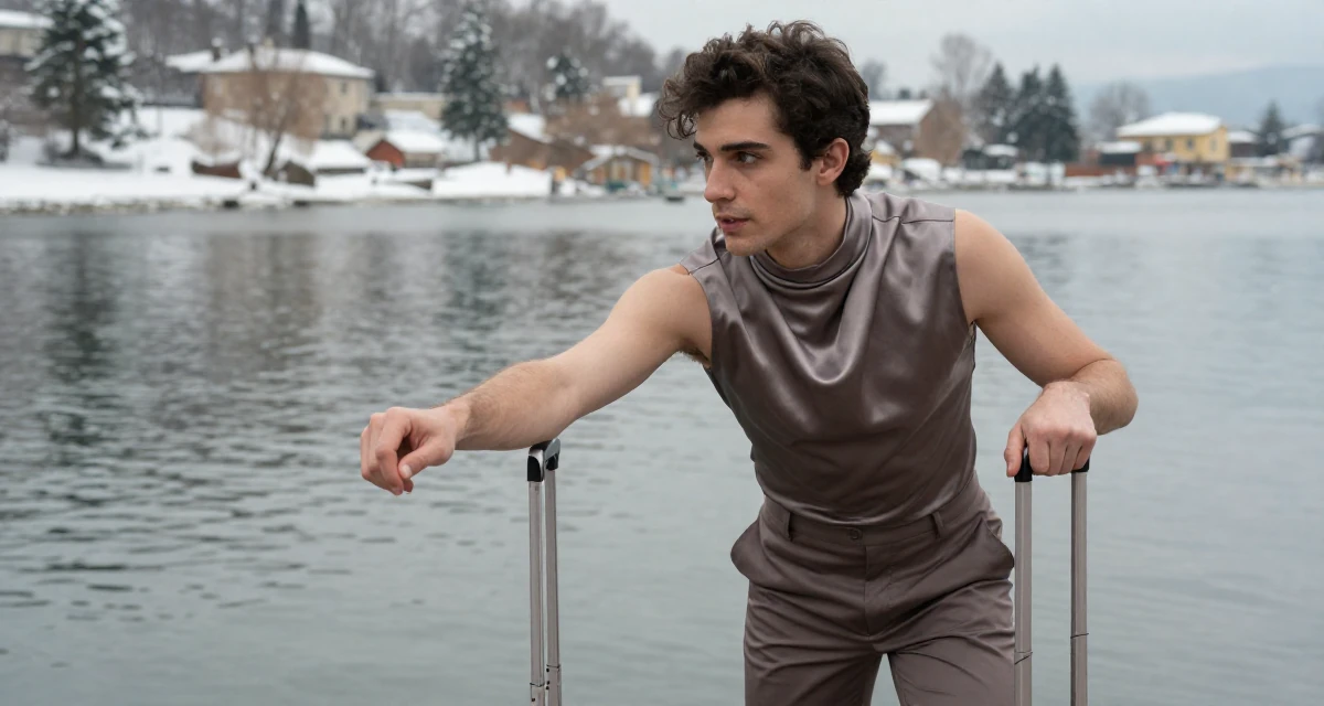 A captivating male From Italy, studied fashion design in Milan in their 25, exploring personal identity for the first time, wearing a satin cowl neck top and tailored shorts, polling a luggage handle in a serene lakeside dock.