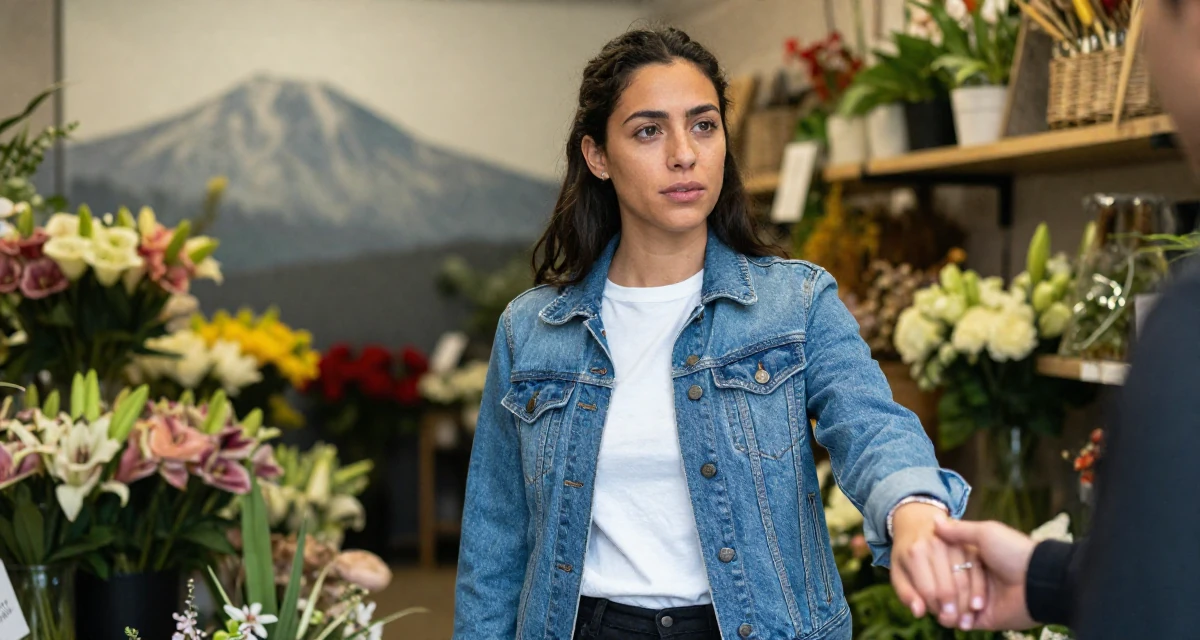 A magnetic Female From UK, studied anthropology in their 22, determined to prove their worth quickly, wearing a classic denim jacket and white tee, holding hands with someone unseen in a flower shop.
