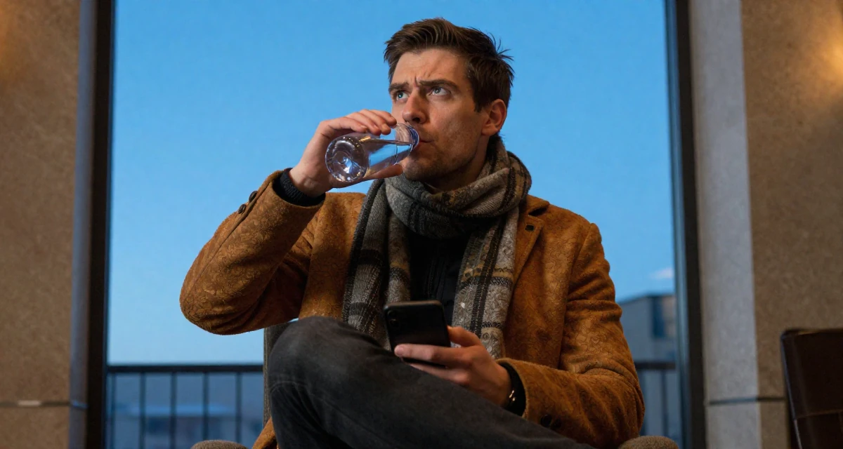 A arrogant male Raised in Iceland, majored in creative digital strategy in their 20, spending too much time scrolling social media, wearing a layered autumn coat and scarf, drinking from a water bottle in a luxury hotel lobby.