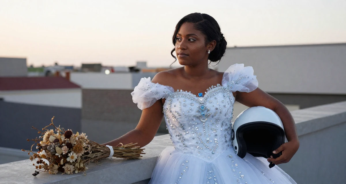 A aloof Female Born in Haiti, majored in international relations in their 34, sharing the journey of infertility and hope, wearing a snow queen gown with ice crystal details, holding a helmet under one arm in a rooftop terrace at sunset.
