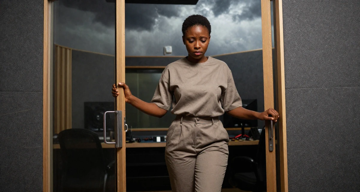 A sorrowful Female From Lagos Nigeria, majored in digital marketing in their 25, feeling established in their chosen field, wearing a muted earth-tone clothing set, pushing a door open in a recording booth.