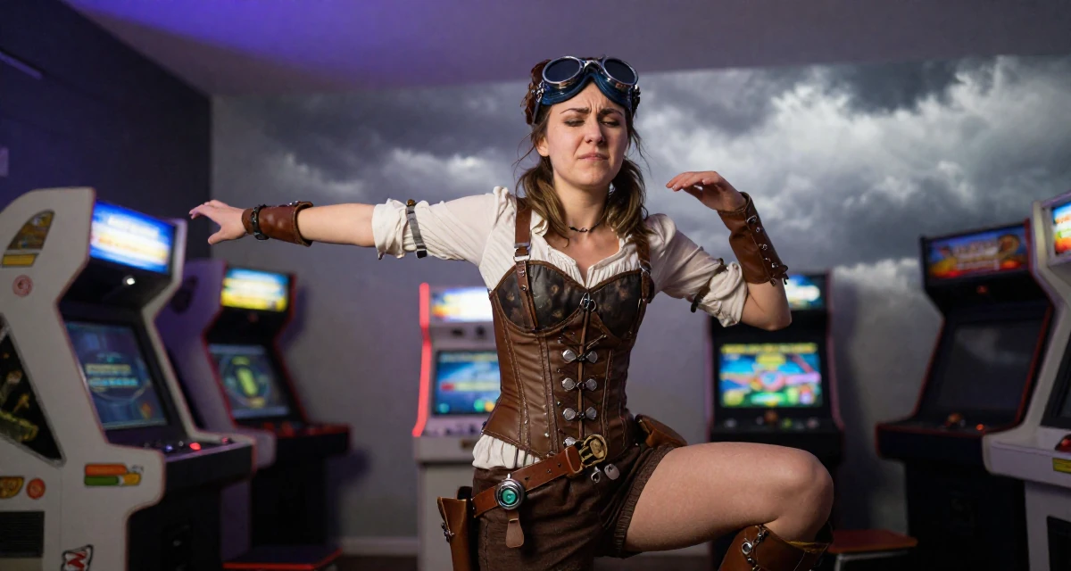 A resilient Female From Prague Czech Republic, majored in multimedia journalism in their 25, dealing with nervousness before posting first video, wearing a steampunk adventurer outfit with a corset and goggles, stretching arms after waking in a arcade room with neon lights.