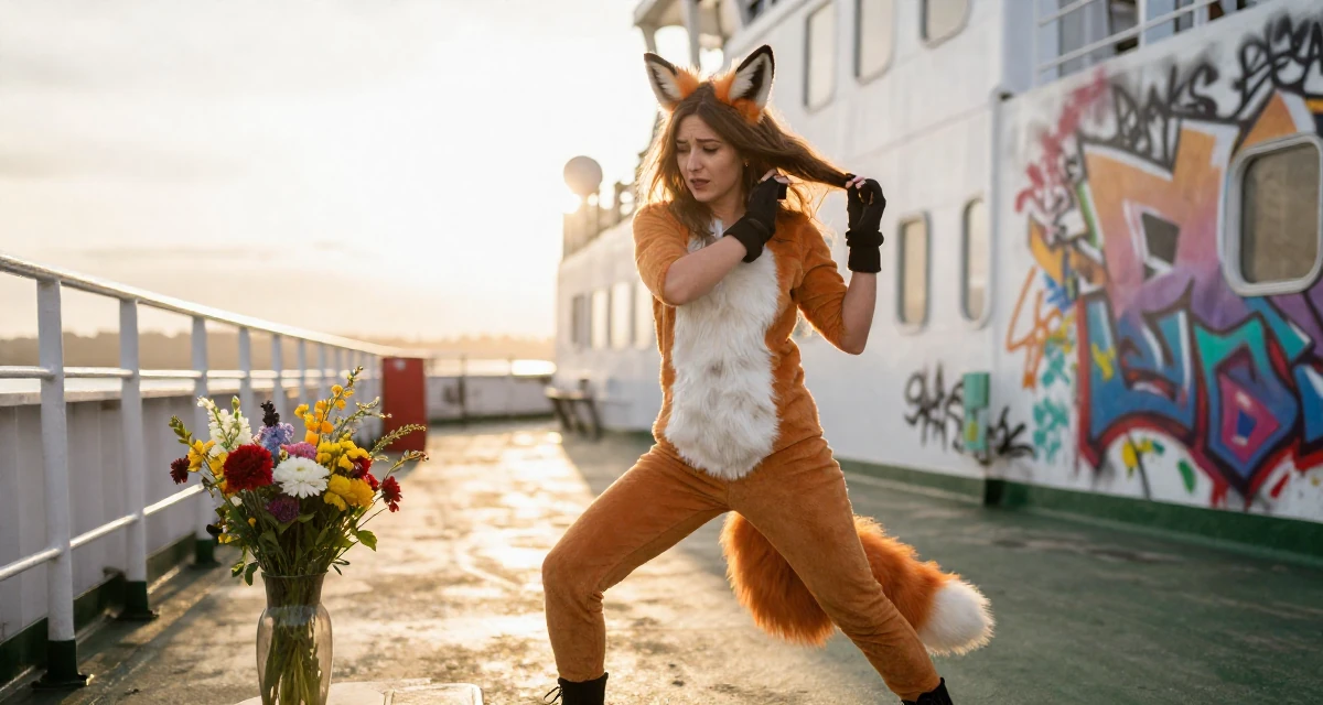 A emotional Female From Manchester United Kingdom, studied sports science in their 41, focusing on financial independence and investing, wearing a fox spirit (kitsune) outfit with fluffy ears and tails, brushing hair back in a ferry deck.