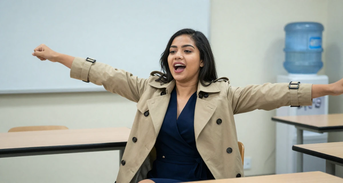 A vibrant Female From Kuala Lumpur Malaysia, self-taught content creator specializing in color grading in their 25, feeling established in their chosen field, wearing a classic trench coat worn over a business dress, stretching arms after waking in a classroom setting.