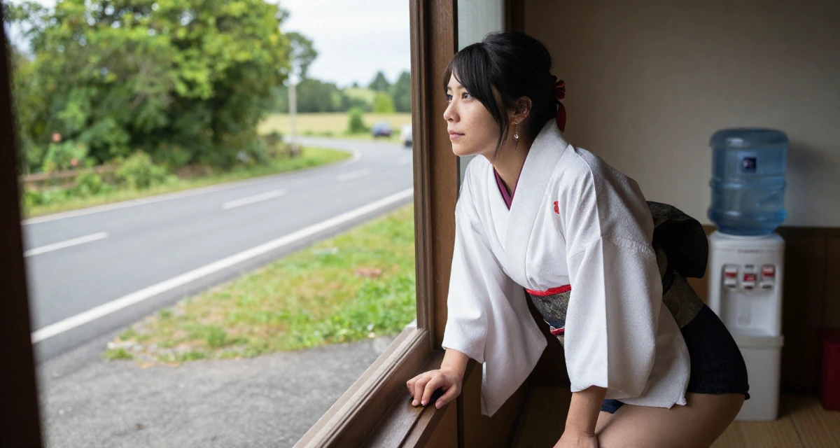 A romantic Female From France, studied fashion design in their 25, evaluating whether to rebrand for better growth, wearing a shrine maiden outfit with a short hakama skirt, looking out the window in a country road.