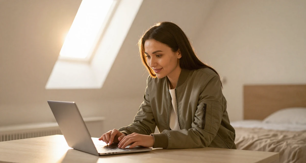 A friendly and approachable Female From Kyrgyzstan, majored in public health in their 24, investing in quality furniture and lifestyle, wearing a classic bomber jacket style, scrolling casually in a minimalist bedroom.