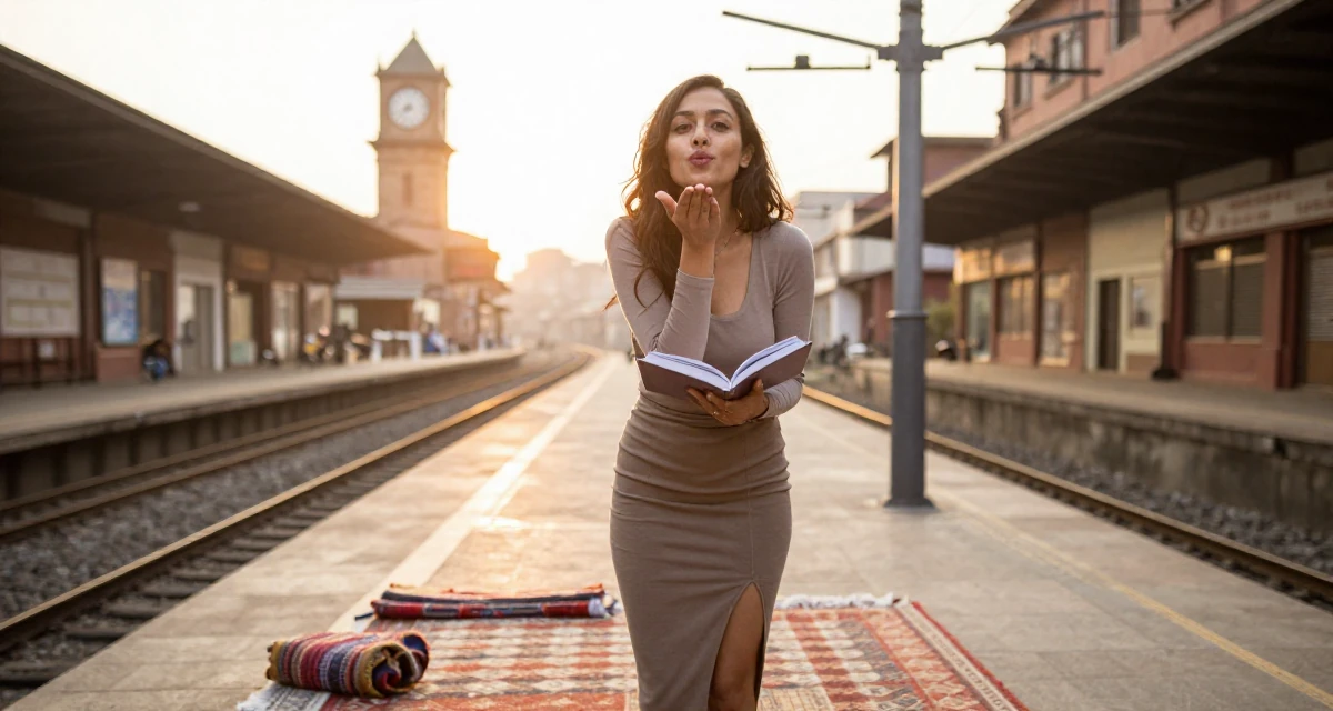 A thoughtful Female Born in Nepal, studied urban planning in their 36, documenting the process of writing a book, wearing a tight long-sleeve bodysuit and a slit midi skirt, blowing a kiss in a subway platform.