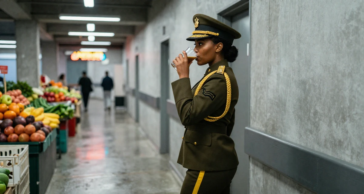 A romantic Female From Cape Town South Africa, studied film editing in their 24, balancing sensuality with authenticity, wearing a military general uniform with gold braiding and a hat, sipping a warm drink in a hospital corridor.