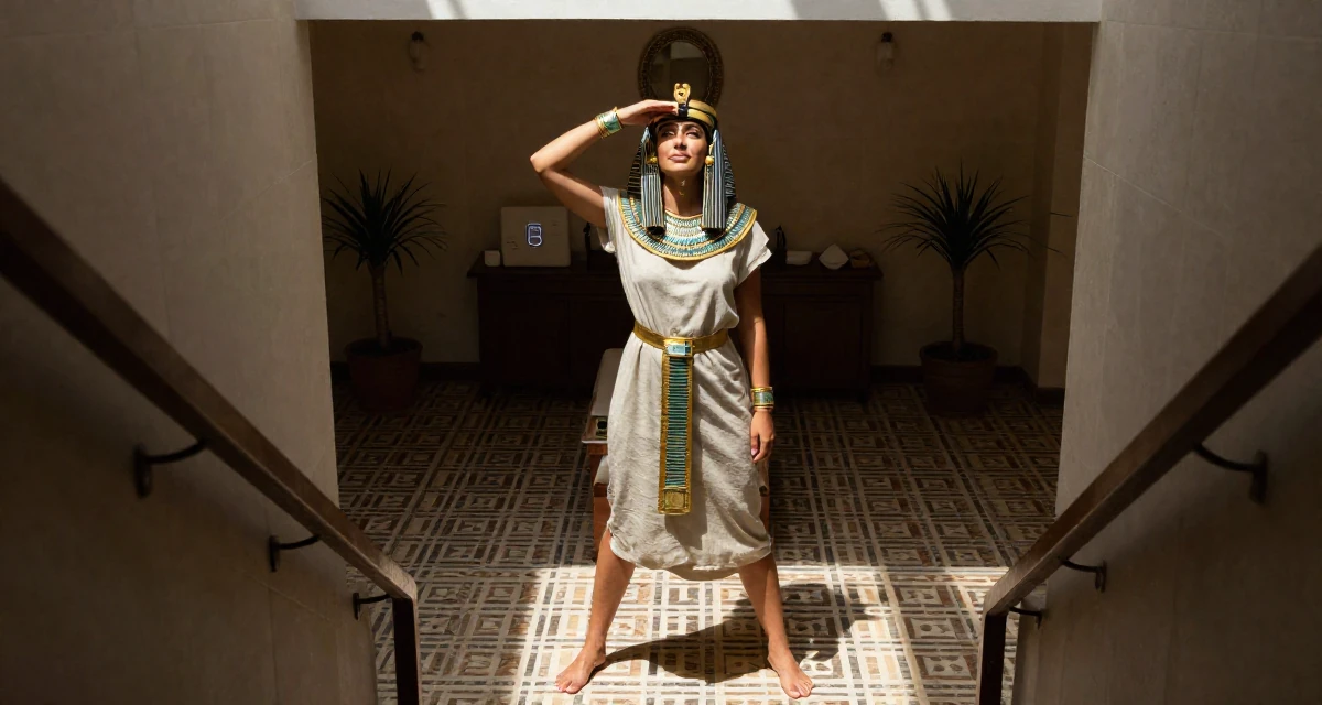 A serene and peaceful Female From Czech Republic, based in Ostrava, graduated from a creative university majoring in emotional visual arts in their 23, adjusting pricing after analyzing monthly performance, wearing a egyptian queen costume with gold collar and linen, shading eyes from the sun in a luxury spa room.