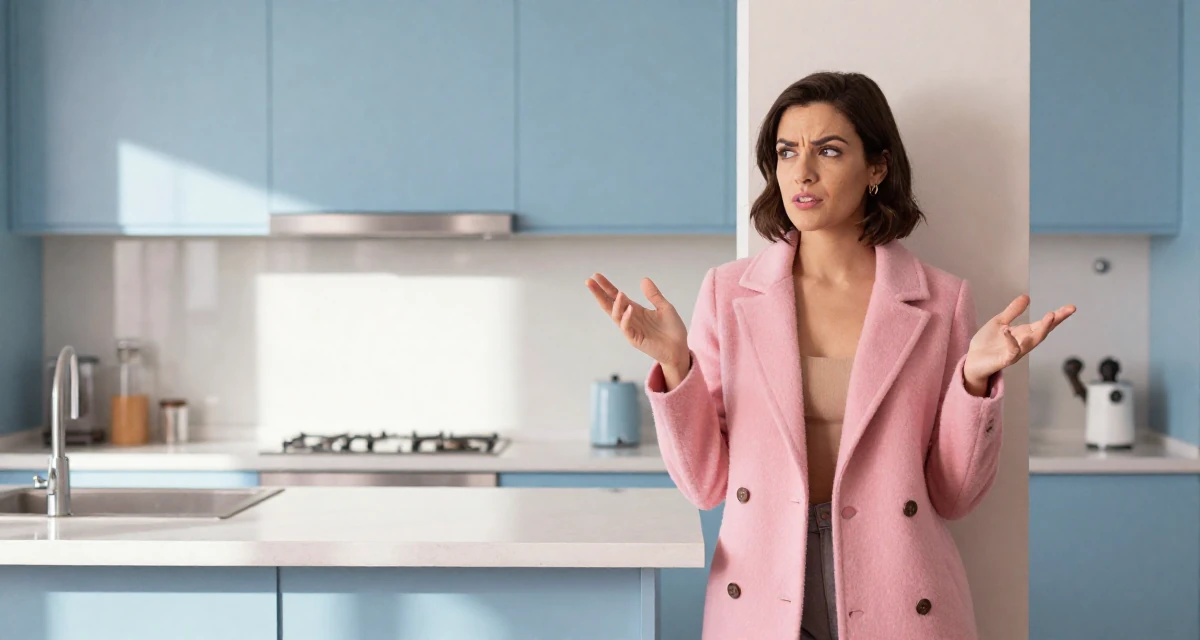 A bashful Female From Brazil, studied software engineering in their 23, exploring feminine power through suggestive styling, wearing a elegant woolen coat styling, gesturing while talking in a sunlit kitchen island.