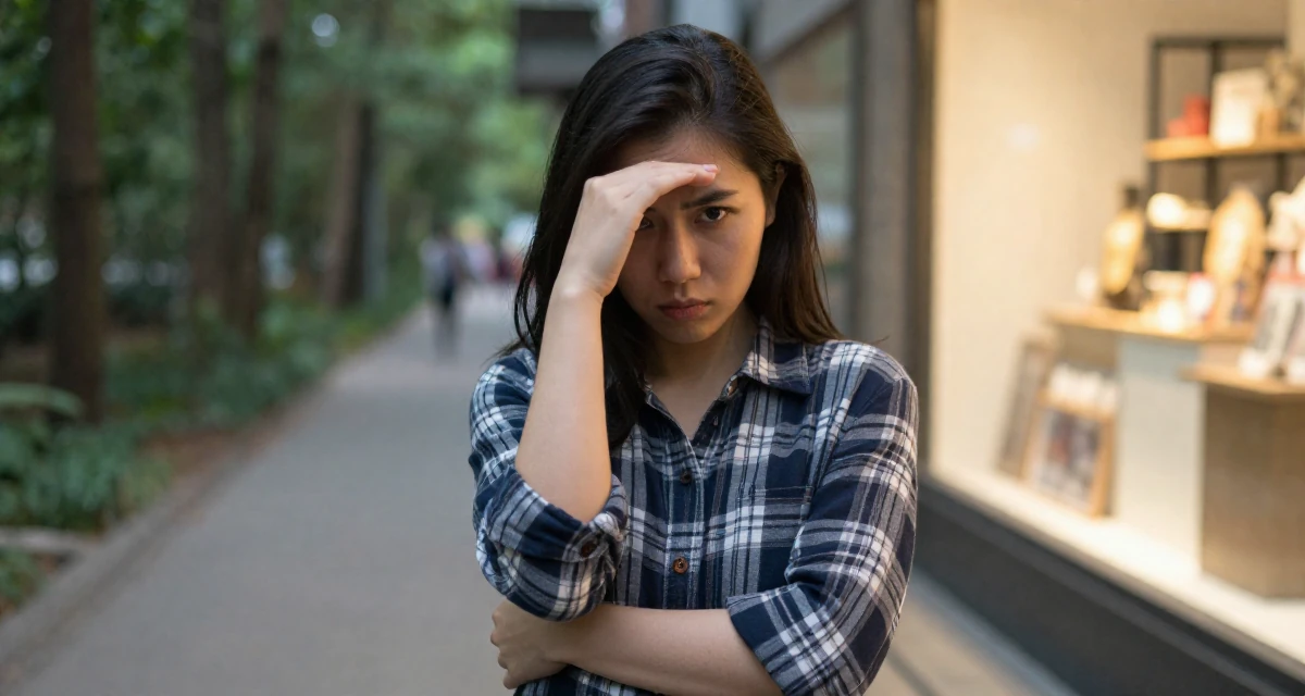 A cynical Female From Vietnam, majored in international business in their 24, worried about the future of the economy, wearing a casual plaid button-down, shading eyes with a hand in a forest path.