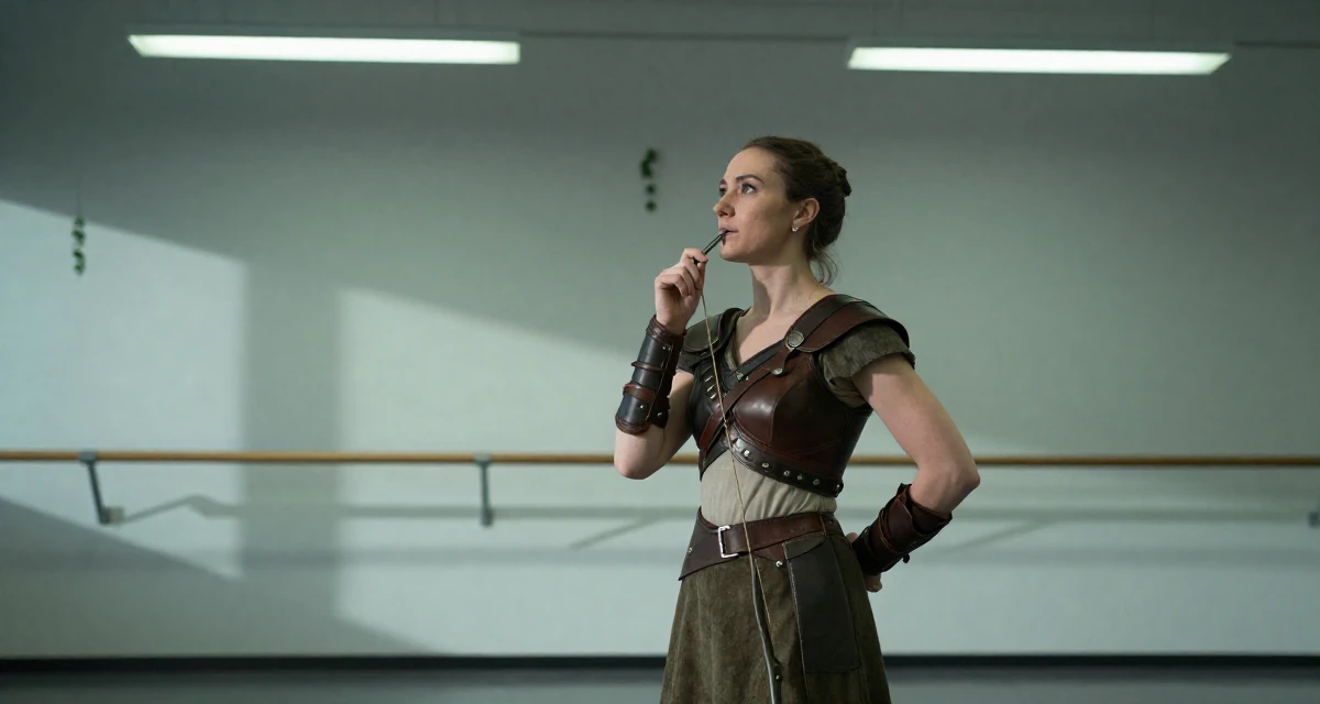 A resilient Female From Wellington New Zealand, studied creative writing and visual narrative in their 25, learning to balance creativity with subscriber expectations, wearing a fantasy elven archer outfit with leather armor details, chewing on a pen thoughtlessly in a ballet studio.