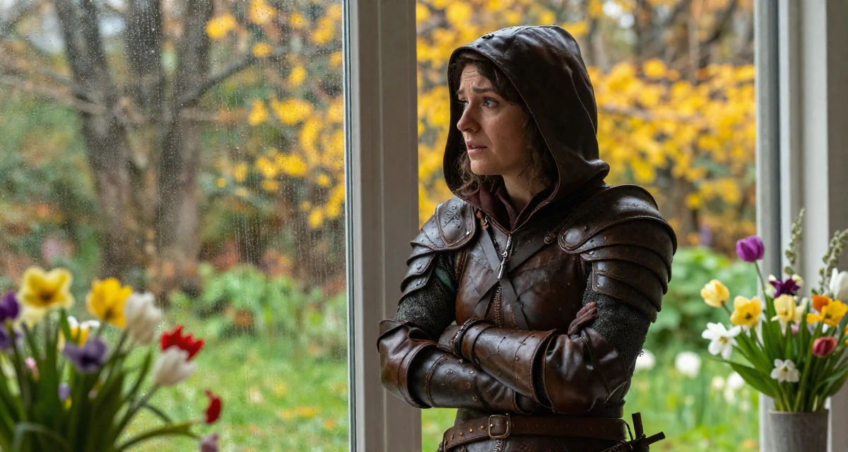 A emotionally moved Female From Italy, studied restoration of cultural heritage in their 23, experimenting with soft teasing videos, wearing a fantasy rogue leather armor with a hood, looking out the window in a autumn forest.