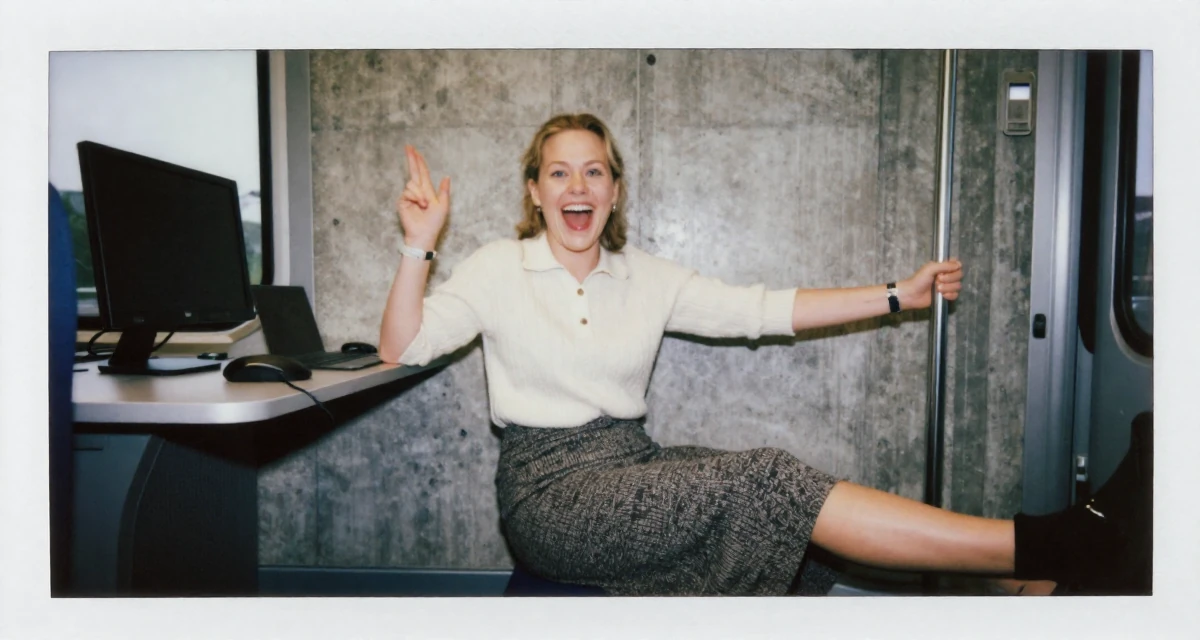 A ecstatic Female From Norway, based in Stavanger, graduated from a cultural college majoring in mood-centered photography in their 25, evaluating long-term career opportunities, wearing a knitted polo shirt tucked into a midi skirt, grabbing a railing for support in a train carriage.