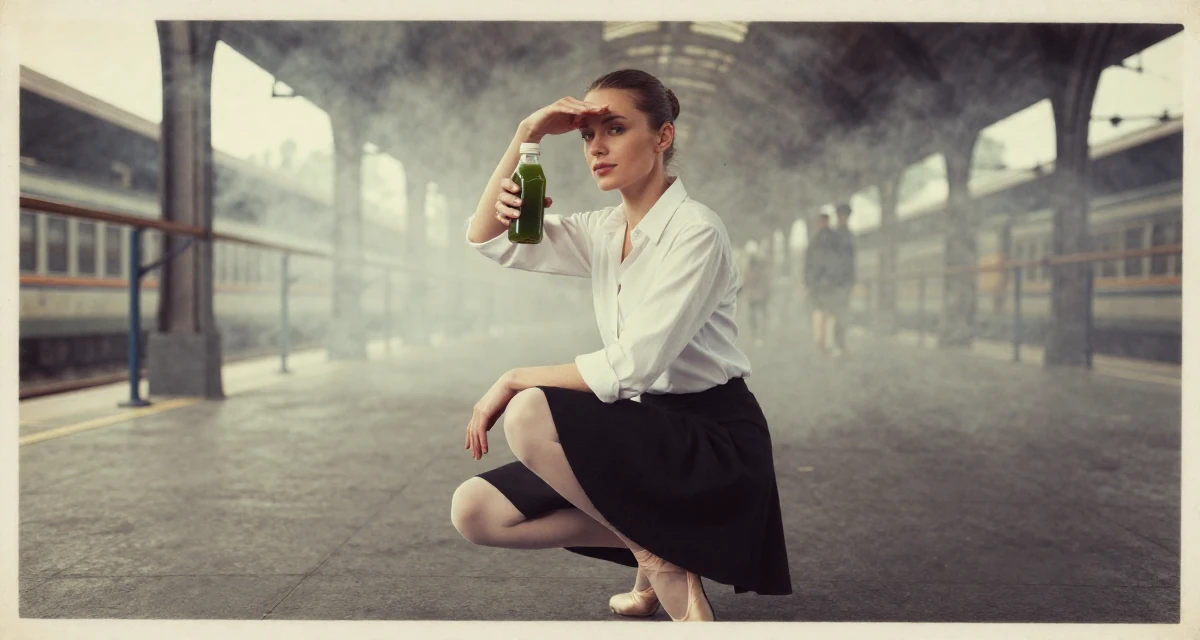 A aloof but intriguing Female From Poland, studied biotechnology in their 24, wearing activewear and holding a green juice, wearing a asymmetrical hem skirt and a crisp white shirt, shading eyes with a hand in a ballet studio.