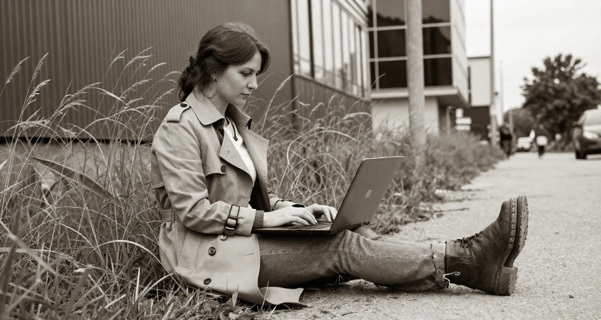A calm Female From Romania, trained in multimedia design in their 45, sharing the beauty of a quiet rural life, wearing a stylish trench coat over basics, typing on a laptop in a urban street.