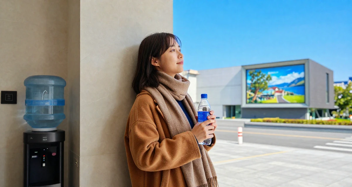 A relaxed Female From Taiwan, based in Taichung, graduated from an arts academy majoring in visual storytelling in their 23, comparing their career progress to peers online, wearing a layered autumn coat and scarf, holding a water bottle in a hotel lobby.