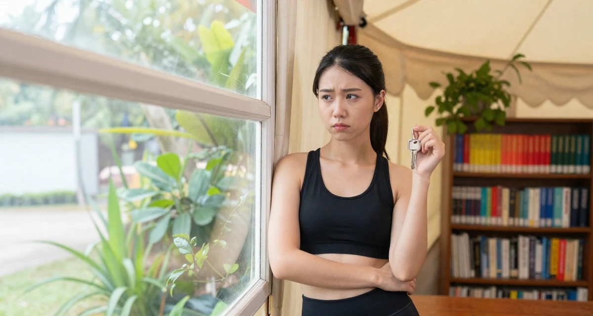 A judgemental Female From Vietnam, based in Da Nang, graduated from a local university majoring in e-commerce in their 25, demanding respect in professional settings, wearing a sporty athleisure look, holding a set of keys in a circus tent interior.