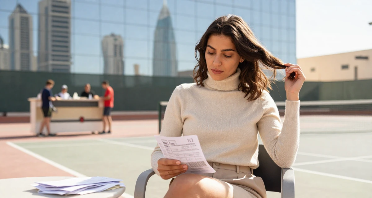 A composed Female From Libya, studied marine engineering in their 23, pretending everything is fine while barely covering bills, wearing a turtleneck sweater tucked into high-waisted shorts, twirling a lock of hair in a tennis court.