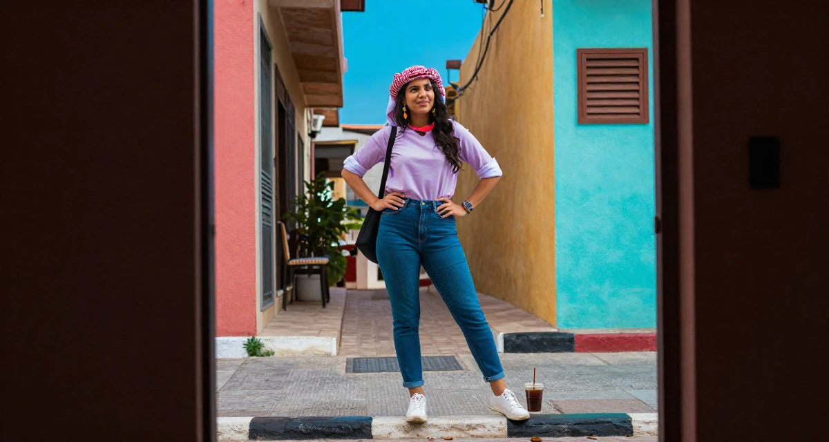 A unbothered Female From Arabic-speaking world, majored in health administration in their 22, learning workplace expectations and boundaries, wearing a pop of color accessory look, stepping onto a curb in a neon-lit alleyway.