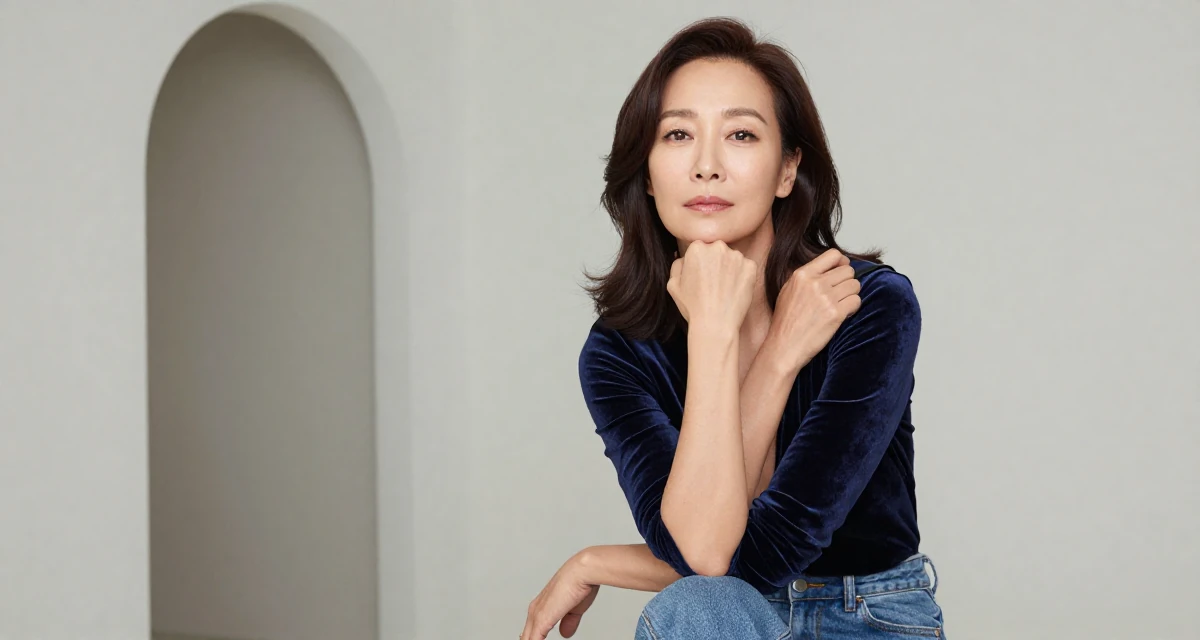 A resolute Female From South Korea, studied textile design and fashion in their 40, defying stereotypes of aging women, wearing a velvet bodysuit and high-waisted mom jeans, adjusting a shoulder strap in a waiting room.