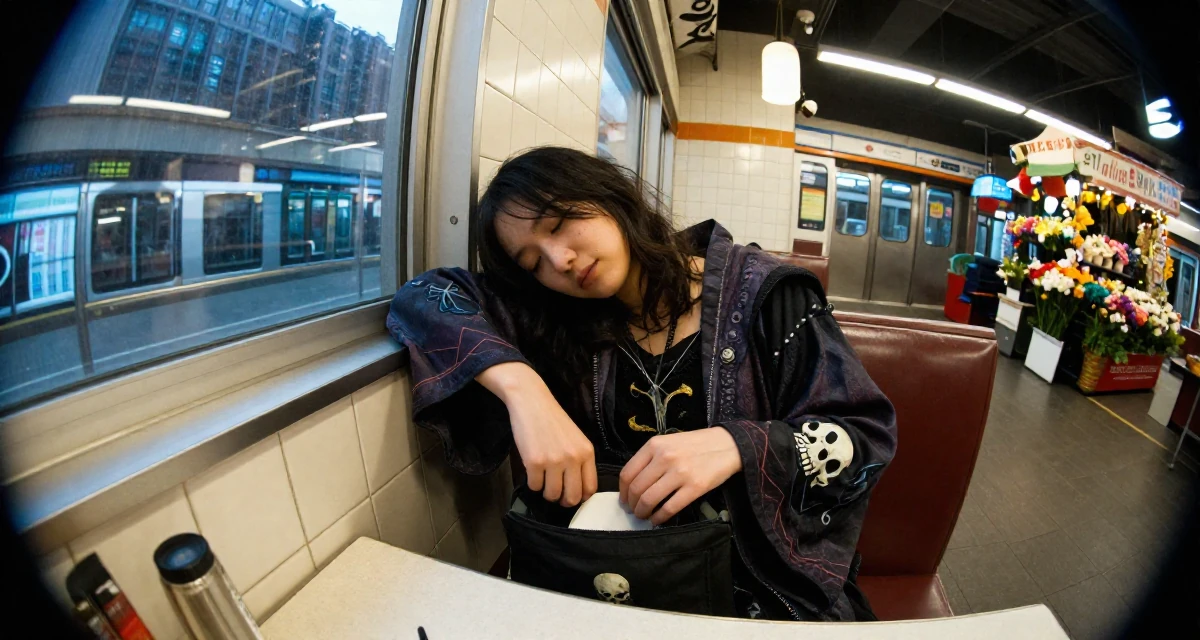 A sleepy Female Previously a chemistry student, now shooting artistic self-portrait content in their 29, balancing content creation with part-time work, wearing a dark fantasy necromancer robe with skull motifs, reaching into a bag in a restaurant booth.