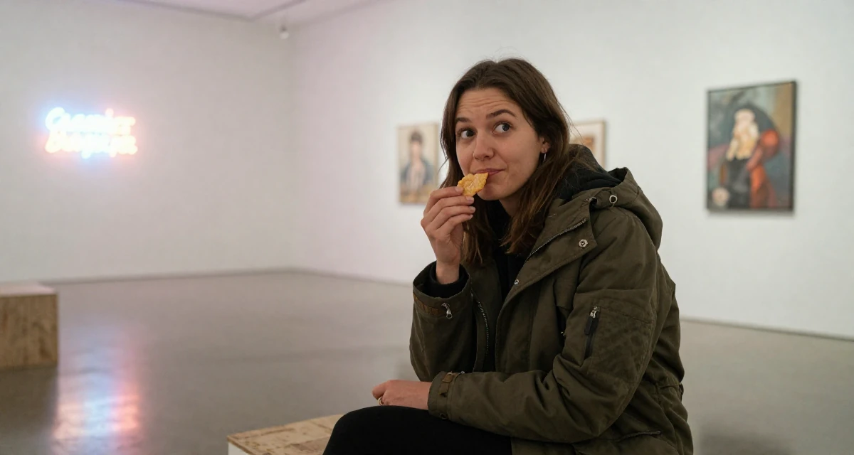 A cheeky Female From Belgium, studied film production in their 23, discovering how subtle teasing builds real engagement, wearing a stylish parka jacket, holding a snack in a art gallery.