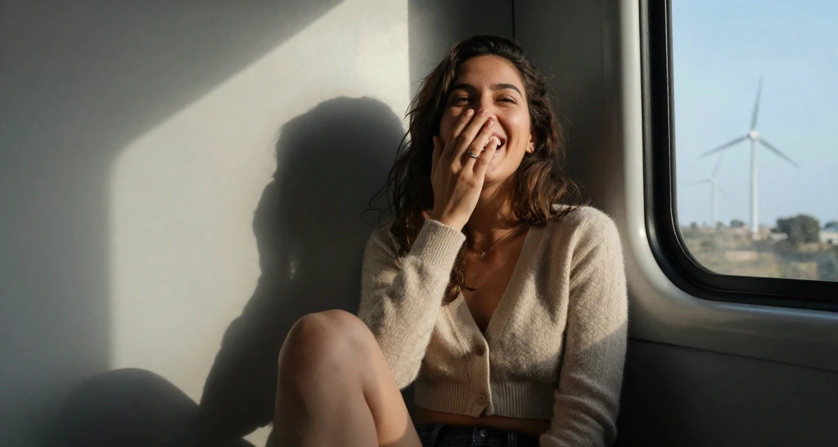 A ambitious Female From France, based in Marseille, graduated from a creative college majoring in intimate portrait photography in their 34, exploring the world of digital art and NFTs, wearing a cropped cardigan with only one button fastened, covering a laugh with one hand in a train carriage.