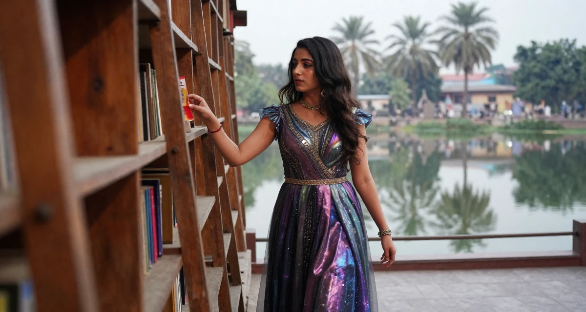 A wild Female From Pakistan, based in Lahore, graduated from a business school majoring in marketing management in their 34, refining personal style to be timeless, wearing a galactic princess gown with metallic fabrics, examining a product in a old library with wooden ladders.