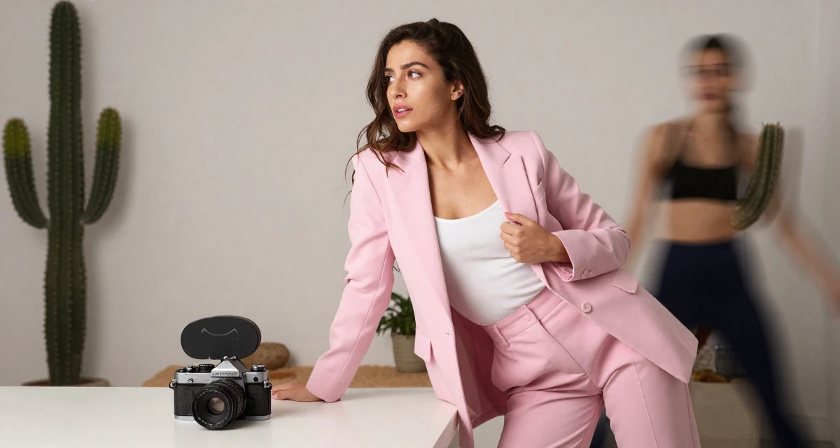 A wistful Female From Madrid Spain, studied sensual dance and camera presence in their 34, exuding quiet confidence and authority, wearing a tailored pantsuit in pastel pink with a white top, gripping a lapel in a home interior.