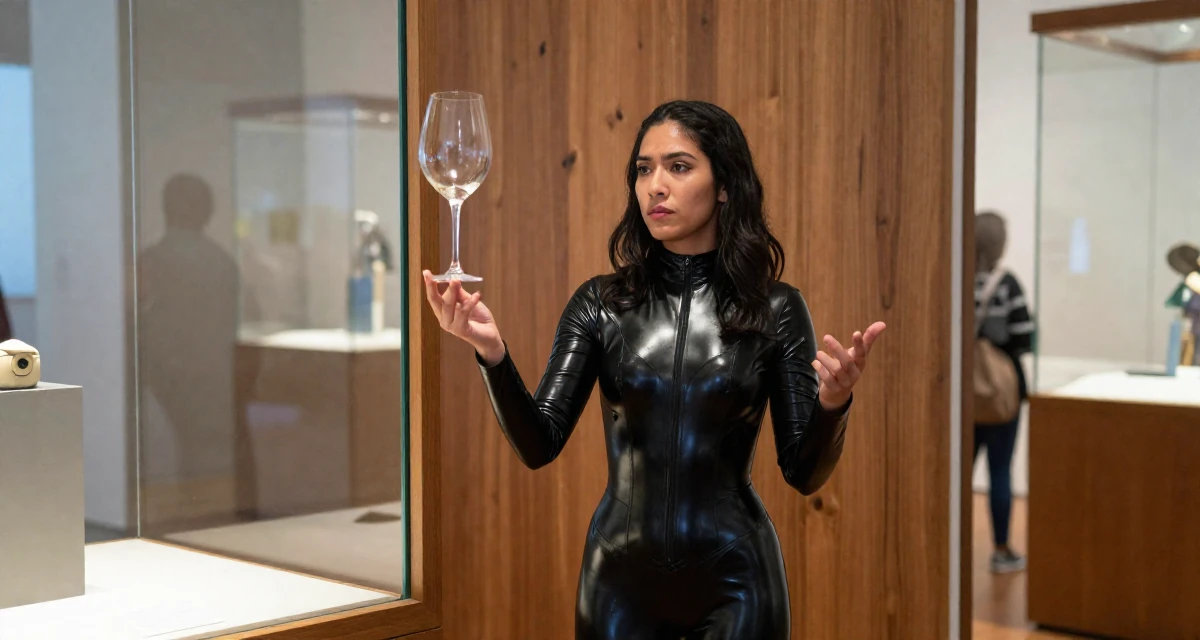 A vulnerable Female From the Philippines, majored in mass media in their 26, juggling real-life chaos with online expectations, wearing a glossy black latex bodysuit with futuristic details, holding a wine glass by the stem in a museum exhibit.