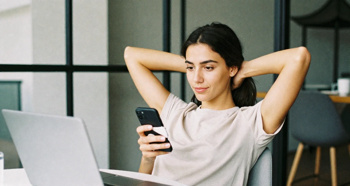 A coy Female Former pharmacist in training, now teaching wellness routines online in their 28, feeling a renewed sense of ambition, wearing a clean, neutral-toned casual outfit, texting with both thumbs in a modern apartment.