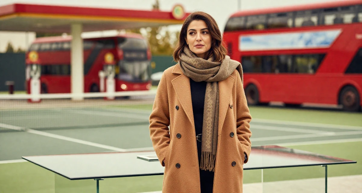 A lighthearted Female From Syria, studied business IT in their 46, sharing elegant fashion tips for the office, wearing a layered autumn coat and scarf, putting hands in pockets in a tennis court.