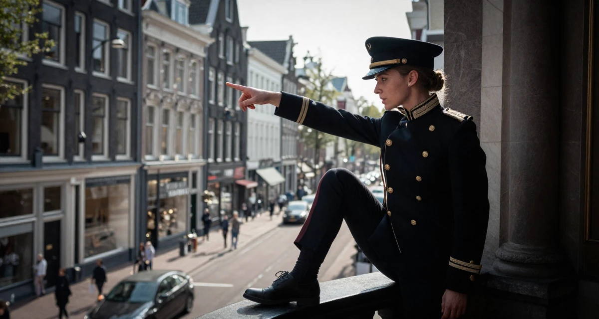 A composed Female From Amsterdam Netherlands, explored art-nude expression in creative collectives in their 25, optimizing scenes for mood, not explicitness, wearing a imperial officer uniform with a peaked cap, looking down at shoes in a opera house balcony.