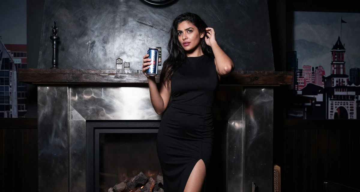 A teasing Female Born in India, studied data analytics for media in their 23, feeling the thrill of posting a bold outfit for the first time, wearing a long pencil skirt with a high side slit, holding a beverage can in a ski lodge fireplace.