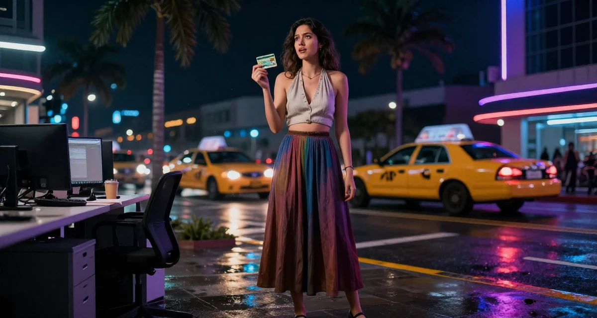 A anxious but excited Female Former geography club member, now producing exploration-themed content in their 25, questioning long-term direction, wearing a halter neck crop top and a flowing maxi skirt, holding a subway card in a office workspace.