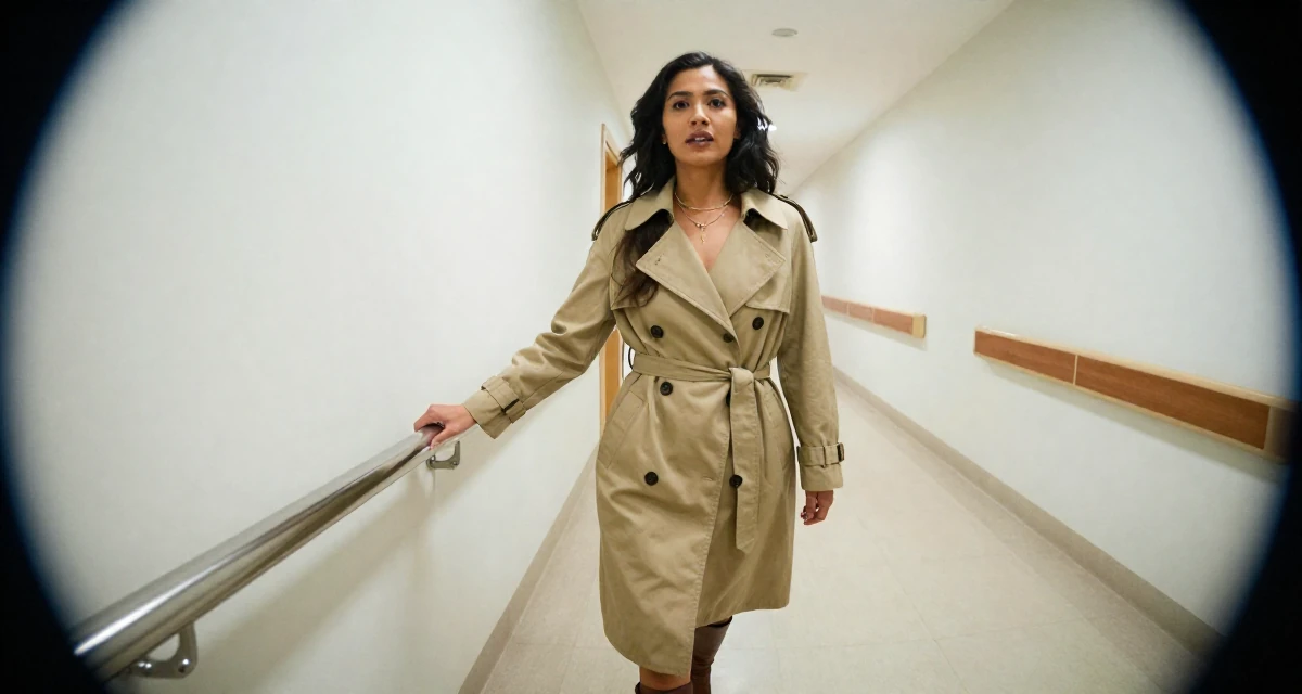 A fearless Female From Chiang Mai Thailand, studied alternative wellness and body flow in their 21, seeking internships and professional validation, wearing a timeless trench and boots, holding a railing in a hospital corridor.