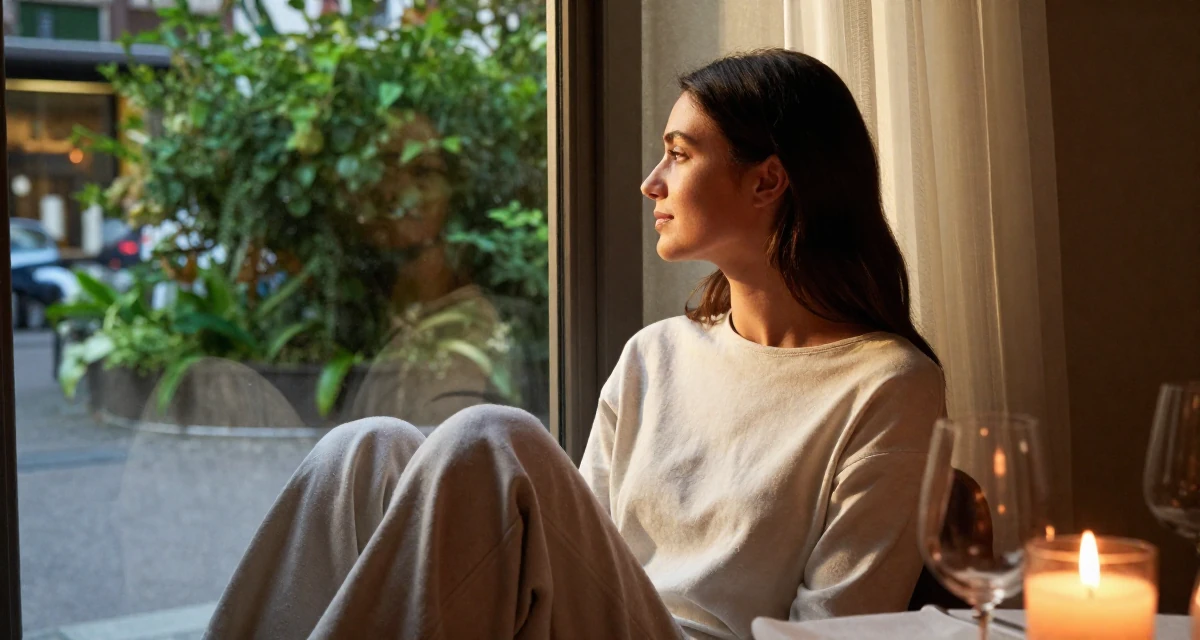 A peaceful Female From Switzerland, studied finance and banking in their 22, realizing their parents were right about sleep, wearing a clean, neutral-toned casual outfit, looking out the window in a city sidewalk.
