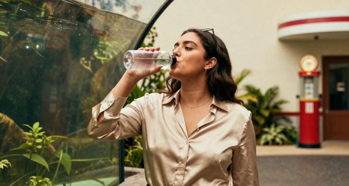 A elegant Female From USA, studied political science in DC in their 22, balancing ambition with realistic expectations, wearing a satin button-up shirt in champagne color, drinking from a water bottle in a aquarium tunnel.