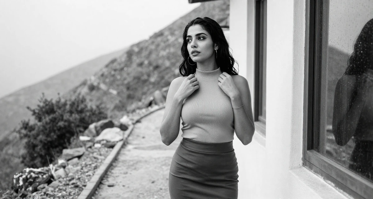 A seductive Female From Libya, studied marine engineering in their 24, prioritizing mental health over grinding, wearing a mock neck sleeveless top and a pencil skirt, fixing a collar in a mountain trail.