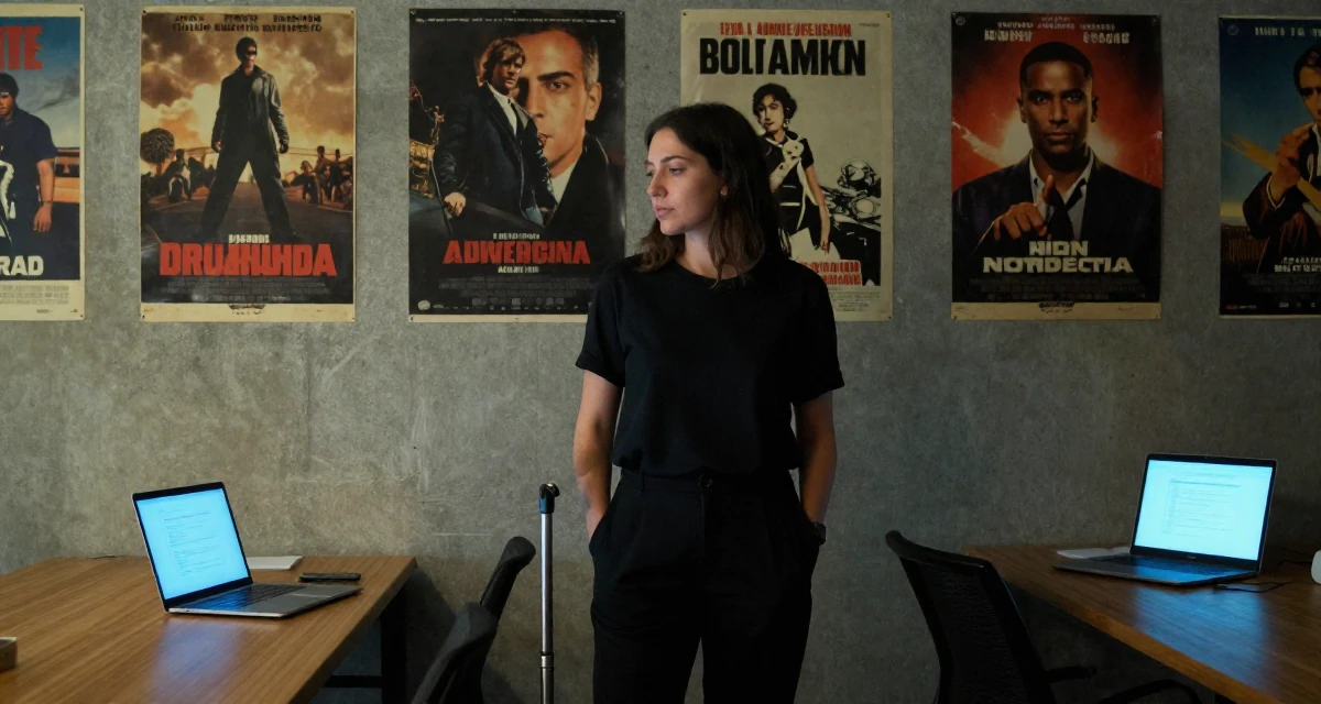 A quiet Female Grew up in Argentina, majored in audiovisual production in their 24, embracing weekends of solitude and rest, wearing a urban minimalist silhouette, polling a luggage handle in a office break room.