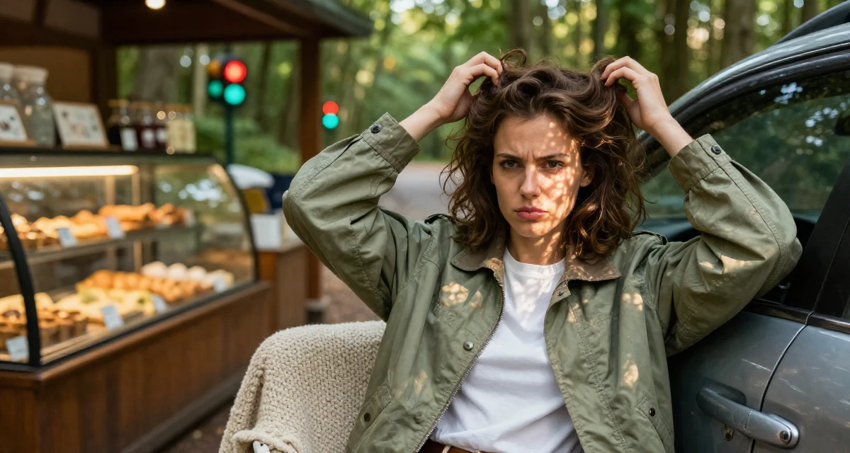 A indifferent Female Once a biology lab intern, now crafting sensual science-themed content in their 27, dealing with pressure to constantly upgrade quality, wearing a retro windbreaker jacket, messing up hair playfully in a bakery counter.