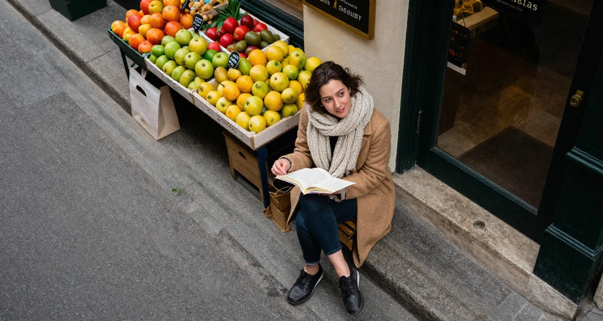 A amused Female Former library assistant, now creating cozy reading-corner aesthetics in their 30, redefining what success means personally, wearing a heavy knit scarf and coat, stepping onto a curb in a quiet alleyway.