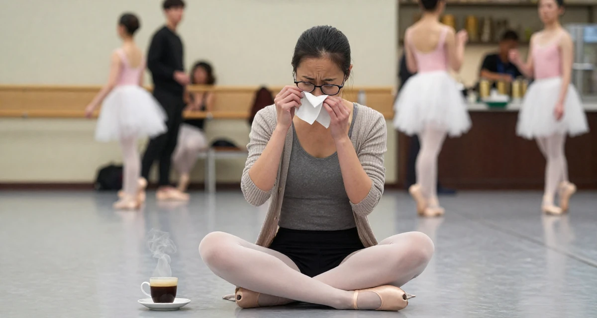 A exhausted Female Once a university researcher, now creating slow-life intimate content in their 24, feeling cynical about the corporate ladder, wearing a librarian outfit with glasses and a tight cardigan, cleaning glasses with a cloth in a ballet studio.